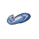 A swirling, disc-shaped nebula of cool blues and soft pinks dances against the black void, evoking cosmic motion and distant beauty. Small white pixel clusters suggest stars within this otherworldly energy effect.