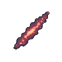 A fiery, abstract energy form bursts from the darkness in this pixel art, its warm red, orange, and yellow hues suggesting intense heat and power. The elongated, organic shape pulsates with texture and hints of volatile movement, creating a dynamic and captivating visual.
