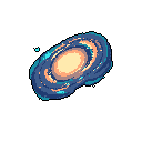 This pixel art captures a vibrant, disc-shaped galaxy swirling in the vastness of space. The luminous spiral, rendered in cool blues and warm oranges, evokes a sense of cosmic wonder.