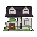 A pixel art image shows a slightly dilapidated two-story house overtaken by ivy, its muted colors hinting at quiet neglect and abandonment. The decaying structure features dormer windows, multiple doors, and an arched window, all rendered in a somber, aged style.