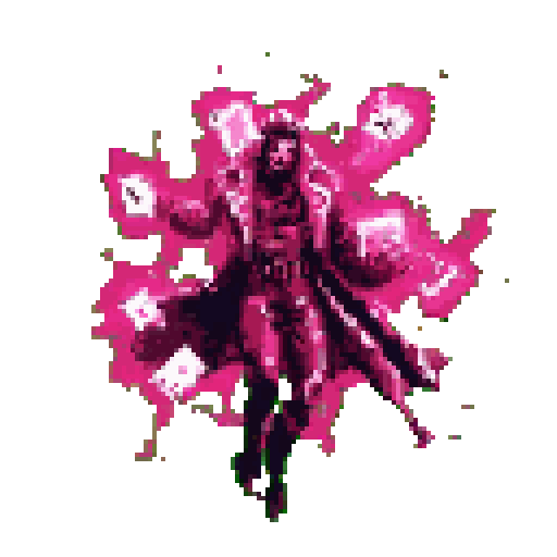 Pixel art Gambit dynamically charges playing cards with kinetic energy, a burst of vibrant pink energy surrounding him against a stark green backdrop. The image captures the energy and focus of the iconic Marvel character.