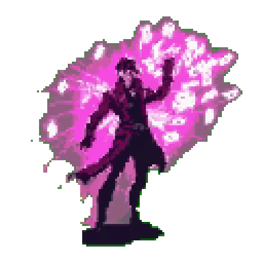 A pixel art character in a dark coat strikes a dynamic pose, unleashing a burst of vibrant energy. The stylized figure appears to be channeling magical abilities against a bright green backdrop.