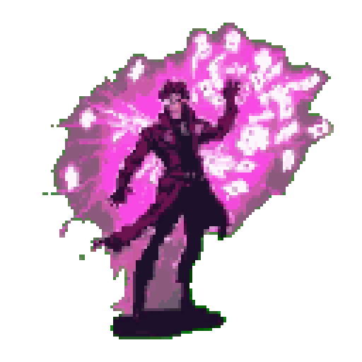 This pixel art depicts Gambit in action, his signature energy swirling around him in a dynamic pose. The X-Men character is instantly recognizable with his coat and headgear.
