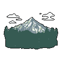 This pixel art piece captures the serene majesty of a snow-capped mountain towering over a dark forest under the night sky. The limited color palette and simplified style evoke a sense of peaceful solitude and classic adventure.