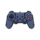 This pixel art image features a cute, anthropomorphic PlayStation controller with a friendly face and subtle blush, evoking a sense of nostalgia. The stylized design and muted color palette create a charming and approachable character.
