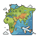 Pixel art world map highlighting Africa, Europe, and Asia with a small airplane soaring across the continents, evoking a sense of travel and adventure. The detailed map features varying terrains and ocean depths, while the plane leaves a white contrail against a black sky dotted with fluffy white clouds.