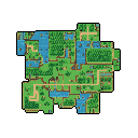 Explore a vibrant, pixelated landscape in this top-down map featuring lush forests, winding rivers, and grassy pathways. This nostalgic scene evokes a sense of adventure, reminiscent of classic video game overworlds.