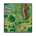 This pixel art image showcases a classic top-down world map, featuring diverse terrains like dense forests, jagged mountains, and shimmering lakes connected by winding paths. Evoking a sense of retro gaming adventure, the earthy color palette and simple pixelation create a nostalgic landscape ripe for exploration.