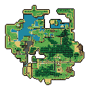 Explore a vibrant, pixelated world depicted in this top-down map, featuring lush forests, serene blue waters, and sandy shores. Reminiscent of classic adventure games, this detailed landscape invites you to imagine the journeys and discoveries that await.