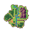 This pixel art image depicts a small, self-contained world map featuring a winding river separating grassy plains and rugged mountains. The map includes signs of civilization with paths, bridges, and small settlements, all rendered in a charming, earthy color palette.