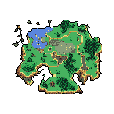Explore a miniature, pixelated island map with lush green forests, sandy coastlines, and a serene blue lake. This overhead view evokes classic RPGs, hinting at hidden adventures within its retro landscape.