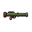 A pixel art image showcases a stationary, olive green and reddish-brown rocket launcher in side profile. The weapon, rendered in a muted, utilitarian style, dominates the frame against a stark black background.