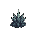 A stark pixel art image features a central cluster of sharp, grey-blue spikes, reminiscent of a mineral formation or alien plant. Isolated against a black background, the ominous, jagged design evokes a sense of danger and foreboding.