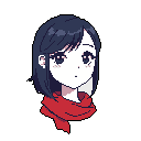 A pixel art portrait captures a young woman with wide, curious eyes and short blue hair, her pale skin contrasting with a vibrant red scarf. The close-up focuses on her innocent and slightly vulnerable expression, enhanced by subtle blushing.