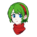 A vibrant pixel art portrait features a girl with bright green hair, blue eyes, and a gentle smile, adorned with a dark red scarf and headband. The close-up focuses solely on her serene expression and striking color palette.