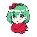 A charming, chibi-style pixel art character with bright green hair and eyes wears a large red bow and scarf. The character's sheepish expression and blushing cheeks add to their undeniably cute appeal.