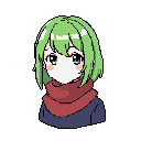 This pixel art portrait features a shy, anime-styled character with vibrant green hair and a cozy red scarf. Her downcast gaze and pale complexion create a touch of melancholy against the stark black backdrop.