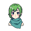 A charming pixel art image showcases a stylized anime-like girl's head and upper chest, featuring vibrant green hair and a teal scarf. Her slightly surprised expression and upward gaze evoke a sense of innocence and hesitant charm.