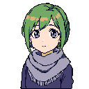 This pixel art portrait depicts a young girl with striking green hair and curious purple eyes. Wrapped in a cozy grey and purple scarf, she gazes forward with a slightly uncertain expression.
