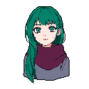 A serene pixel art portrait captures a woman with striking teal-green hair and captivating blue-purple eyes. Her calm expression and cool-toned clothing, including a plum scarf, create a balanced and slightly mysterious mood.