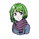 A young woman with vibrant green hair and a concerned expression is depicted in pixel art, her downturned gaze and wide eyes hinting at introspection and vulnerability. Wrapped in a reddish-purple scarf, she appears against a stark black background, emphasizing her quiet and somewhat melancholic demeanor.