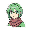 This pixel art portrait showcases a young anime-style girl with bright green hair and striking teal eyes, wrapped in a cozy reddish-brown scarf. The retro aesthetic and slightly uncertain expression create a calm and introspective vibe.