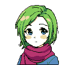 This pixel art portrait captures a young anime-style character with a melancholic expression, her bright green hair and cerulean eyes contrasting against the black background. The image evokes a sense of vulnerability through its limited color palette and the character's subtly sad gaze.