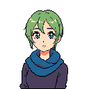A pixel art portrait captures a young woman with striking green hair and a blue scarf, her wide eyes conveying a sense of innocent wonder. The simple style and color palette evoke a nostalgic feel, focusing on her expressive face.