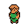 This minimalist pixel art features a stylized, orange-brown humanoid figure in a green tunic, standing against a black background. The simple design and limited color palette evoke a retro 8-bit aesthetic.