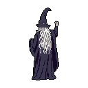 A pixel art wizard, cloaked in dark indigo and sporting a long grey beard, gestures with a raised hand, evoking a sense of mystery and power. The figure's aged appearance and simple composition create a focused and somewhat solemn mood.