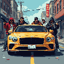 A pixel art image depicts a crew of five armed figures posing around a bright yellow luxury car in an urban street scene. Their dark clothing and confident stances create a tense and assertive vibe, hinting at a gang-related narrative.