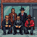 A pixel art image depicts a formidable group of five suited figures, seemingly gangsters, posed confidently in front of a brick building. They sport dark suits, sunglasses, and menacing expressions, suggesting a tough and unified force. Each figure appears to be armed, creating a sense of danger and intrigue.