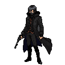 A masked figure with a glowing orange-yellow eye stands ready, clad in dark clothing with vibrant accents and gripping a firearm. The pixel art evokes a sense of mystery and danger, hinting at a vigilante or stealthy persona.