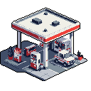 This pixel art image showcases an isometric gas station with classic red and white pumps, complete with a parked pickup truck. The simple, muted color palette and retro style evoke a sense of nostalgia.