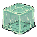 This pixel art showcases a translucent, isometric cube in cool teal and mint green hues, resembling an ice block with a recessed square on top. The simple design and glowing highlights create a minimalist and ethereal effect.