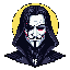 This pixel art bust portrays a stylized V from "V for Vendetta," his iconic Guy Fawkes mask rendered with subtle details and framed by a mysterious pale yellow halo. The dark palette and direct gaze create a powerful and enigmatic representation of rebellion.