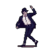 This pixel art captures Michael Jackson in a signature dance pose, leaning back with iconic style. The limited color palette and stark black background emphasize the energy and showmanship of the legendary performer.