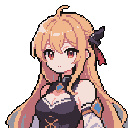 This pixel art portrait features a young anime-style girl with flowing blonde hair, striking red eyes, and a delicate expression. She wears a dark, decorative outfit accented with a blue pendant and golden bracer, creating a gentle and slightly fantastical vibe.