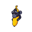 This pixel art features a quirky, banana-themed chimpanzee character, designed with a playful and retro aesthetic. The unique design blends the ape with a bright yellow banana, creating a memorable and humorous figure.