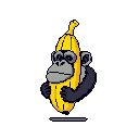 A pixelated gorilla playfully peeks from behind a giant banana, its stoic expression contrasting with the whimsical image. The vibrant yellow fruit and the gorilla's monochromatic fur create a striking focal point against the void. It's a quirky and humorous character design with a retro feel.