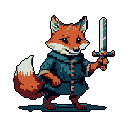 A pixel art fox warrior stands ready for adventure, sword in paw and a determined smile on its face. The charming character, rendered in warm oranges and cool blues, exudes a friendly, nostalgic vibe.