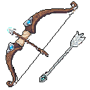 A beautifully crafted, fantasy longbow with glowing blue jewels and a single enchanted arrow gleam against the darkness, hinting at elven craftsmanship and arcane power.