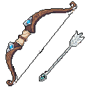 This pixel art showcases a meticulously crafted fantasy recurve bow, adorned with glowing cyan gems, alongside a single arrow tipped with ethereal white fletching. Isolated against a black background, the elegant design hints at magical or elven origins, perfect for a powerful archer.