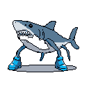 This pixel art features a bipedal shark character, complete with boot-like footwear, standing against a stark background. The design blends the shark's predatory nature with a quirky, humanoid form, evoking a retro video game vibe.