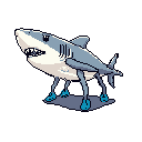This pixel art features a quirky, upright shark striding confidently on four legs and wearing blue shoes. The unexpected combination creates a humorous and lighthearted image with a playful sense of absurdity.