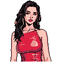 A confident young woman with a striking red top and dark hair captivates the viewer with her direct gaze in this glamorous pixel art portrait. The vibrant colors and stylized details create a sophisticated, modern aesthetic against a stark black backdrop.