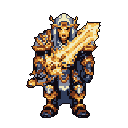 A stoic, heavily armored knight stands ready, clutching a large, ornate golden sword that glows against the dark backdrop. The pixel art evokes a sense of powerful heroism, reminiscent of classic fantasy RPGs.