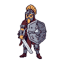 A lone, heavily armored warrior stands ready for battle, his sword and shield glinting in the stark black void. The detailed pixel art evokes a sense of stoicism and historical fantasy, highlighting the character's strength and preparedness.