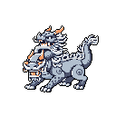 This pixel art showcases a two-headed Eastern dragon-like creature, poised and ready with intricate mechanical details and a cool gray and purple color scheme accented by vibrant orange. The fantastical beast's design blends retro charm with a touch of intimidation.