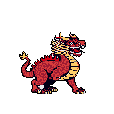 A vibrant pixel art kirin, rendered in bold reds and yellows, prepares to strike against a stark black background. The mythical creature's dynamic pose and fierce roar create an energetic and slightly ominous impression.